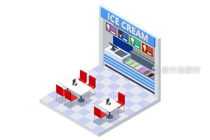 等距快餐广场冰淇淋，快餐甜点糖果，餐厅内部，食品广场，自助餐厅，市场广场食品摊位，小卖部