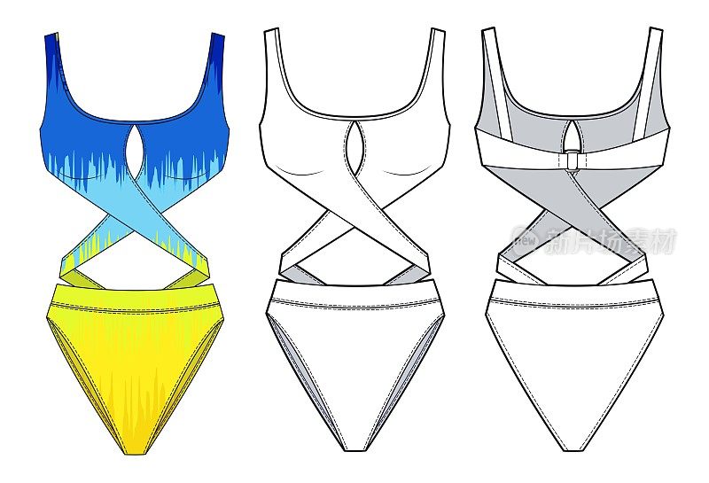 女孩泳装时装设计，黄色和蓝色的模型。女子泳装时装技术制图模板。运动服装时尚设计。