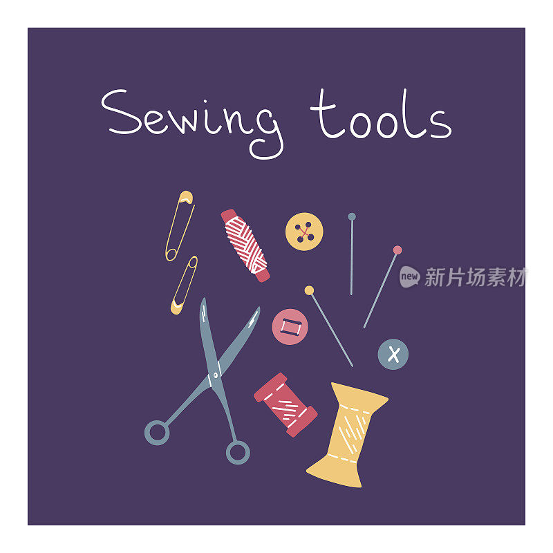 海报与手写向量缝纫工具与字母。针，剪刀，钮扣，线和针在紫色的背景。刻字缝纫工具