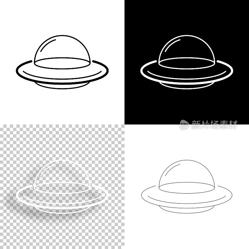飞碟-飞碟。图标设计。空白，白色和黑色背景-线图标