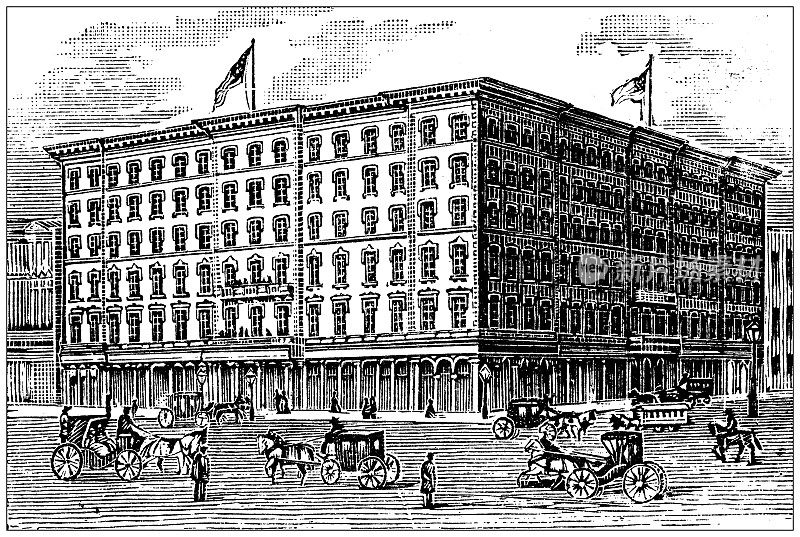 美国古董插图，宾夕法尼亚地标和公司:费城，大陆酒店