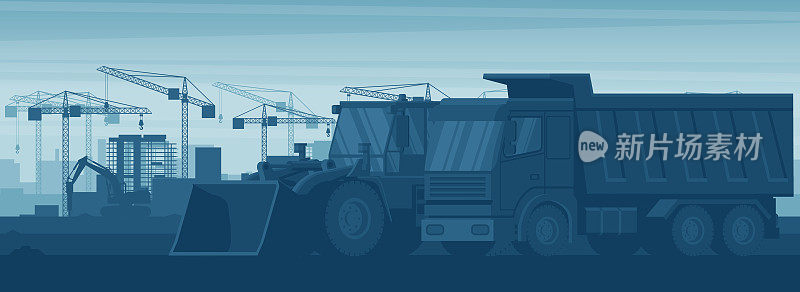 自卸车、前装载机、锤式挖掘机等重型机械在城市建筑行业的全景背景