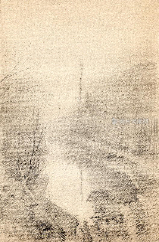 复古铅笔风景画在水彩旧纸上。村外的街道在雾中，有水坑