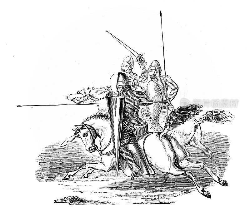 骑在马上用长矛攻击的中世纪骑士