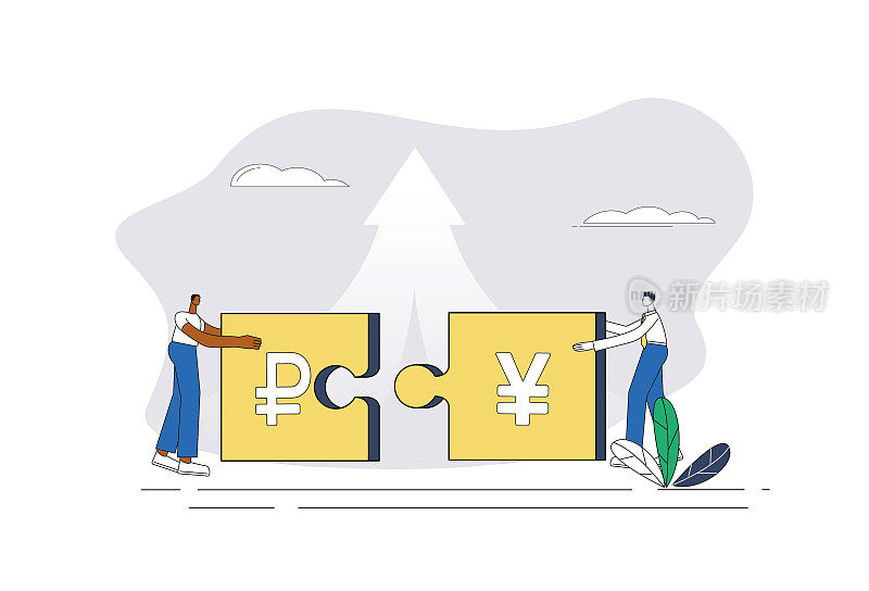 俄罗斯卢布,中国人民币,日本日元,两个白领,拼图块。