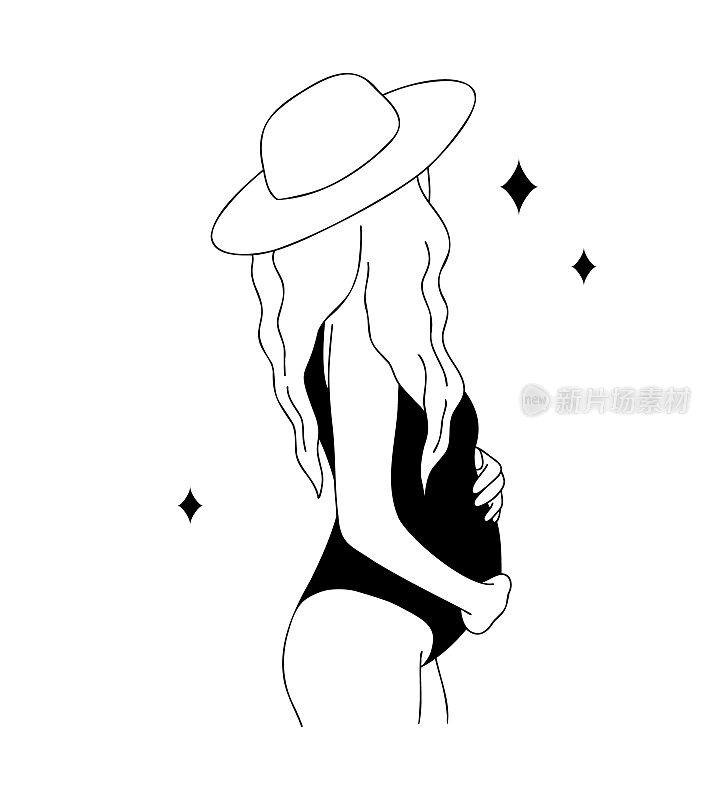 线性的孕妇。抽象的女性剪影。产前时期。怀孕快乐，做母亲快乐。矢量轮廓插图的极简风格
