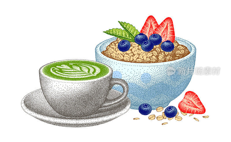 健康早餐有浆果，草莓和蓝莓。燕麦粥配抹茶拿铁。格兰诺拉麦片碗。什锦麦片，燕麦粒。向量草图。