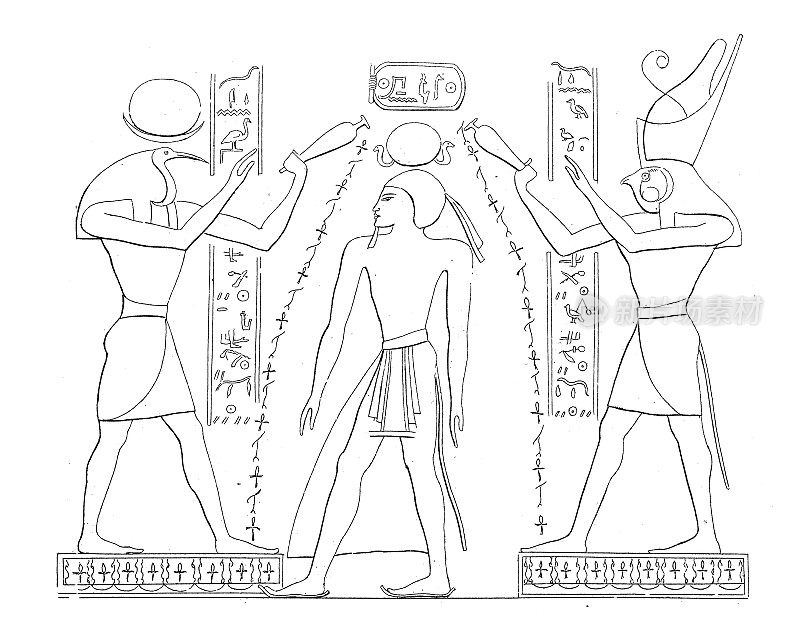 古董插图:埃及艺术，卢克索，拉美西斯三世，托特，荷鲁斯