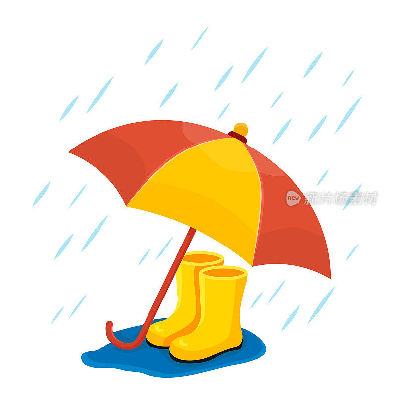 雨伞下的黄色橡胶靴子站在雨中的水坑里