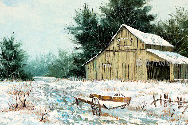 冬季风景与木车油画