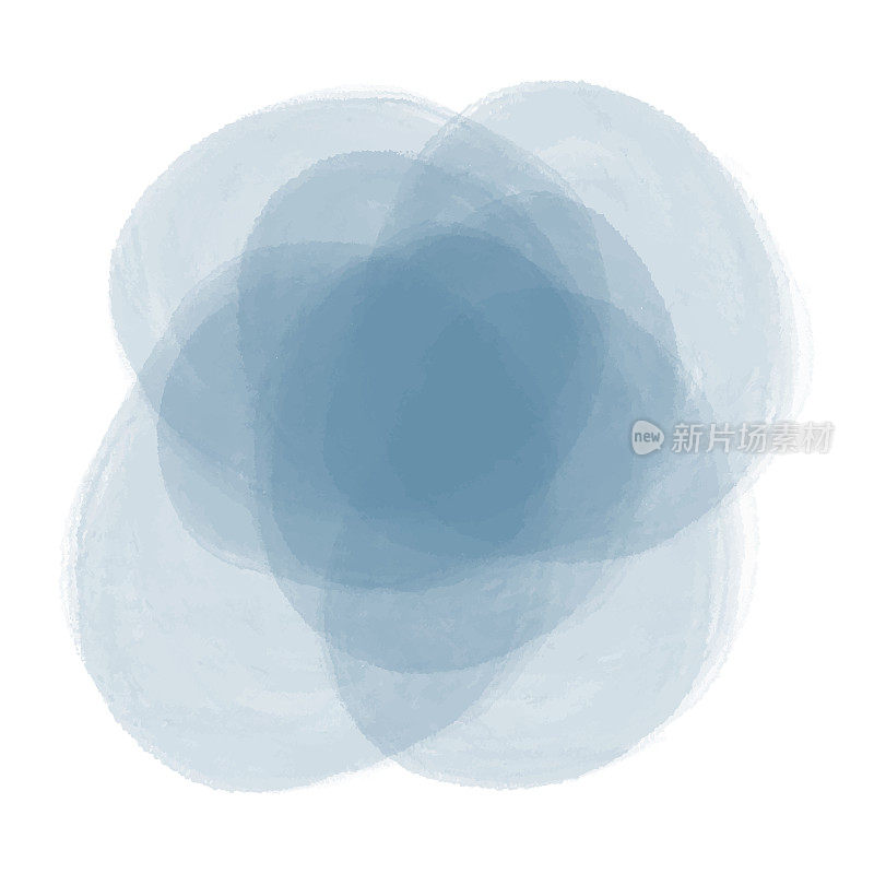 蓝色水彩圈飞溅孤立。水彩圆形或斑点抽象背景。贺卡和标签的设计元素。具有多层半透明效果的水彩喷溅。