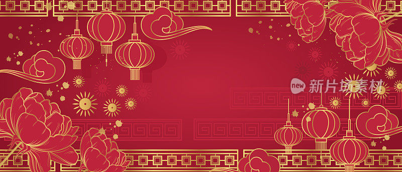 矢量横幅与金色的莲花和牡丹在一个红色的背景。中国背景