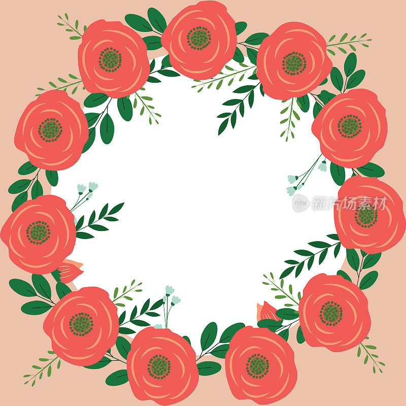 玫瑰和树叶的花环为您的设计。制作背景，横幅，婚礼卡片。矢量插图。