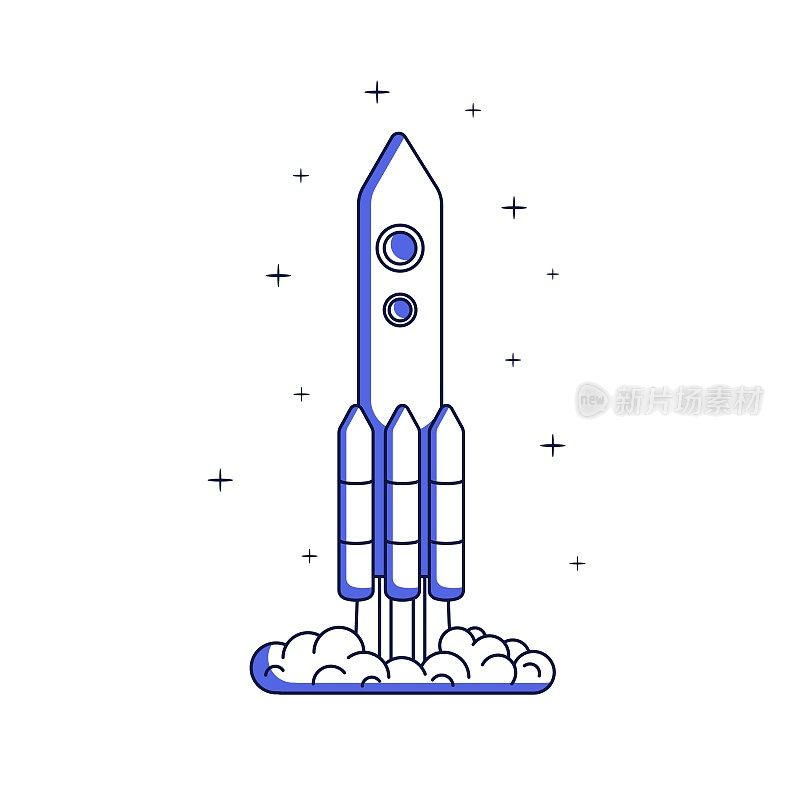 Lineart火箭发射以发动机而闻名。飞船，航天飞机助推器。火箭飞船飞向宇宙，未来。线条艺术平面图形矢量插图孤立在白色背景