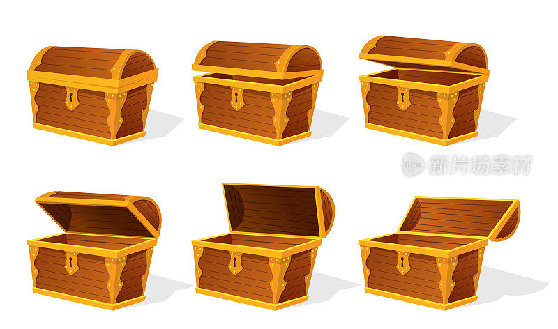 胸部动画。空旧木箱黄金宝藏集。卡通古代集装箱为海盗孤立矢量图标上的白色。游戏木制古董宝盒