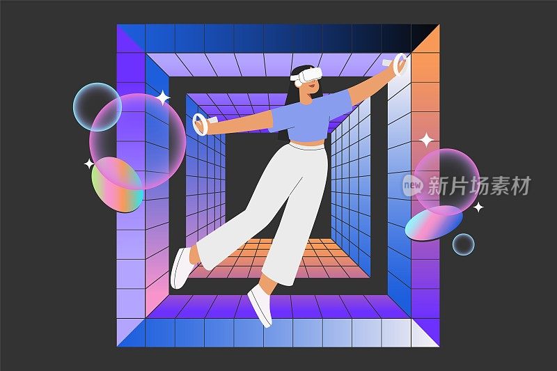 Metaverse娱乐。平面矢量插画，女性戴着虚拟现实眼镜和VR头戴设备，互动和探索虚拟世界。未来创新的概念。