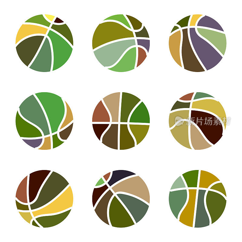 矢量颜色篮球极简符号插图集合