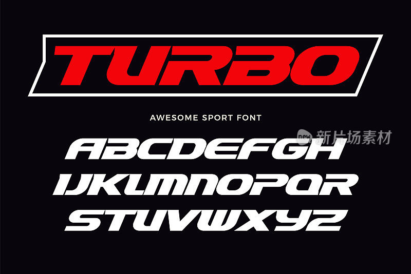 涡轮字体。重斜体字，现代类型的运动标志，速度赛跑标题，动态的字母组合，字母和排版。粗体宽风格字母，矢量排版设计