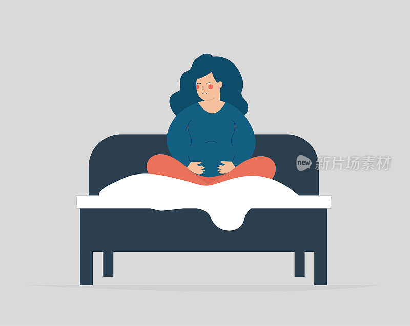 孕妇醒来，穿着睡衣坐在床上。女人早上起床，摸摸自己的肚子。呼吸练习
