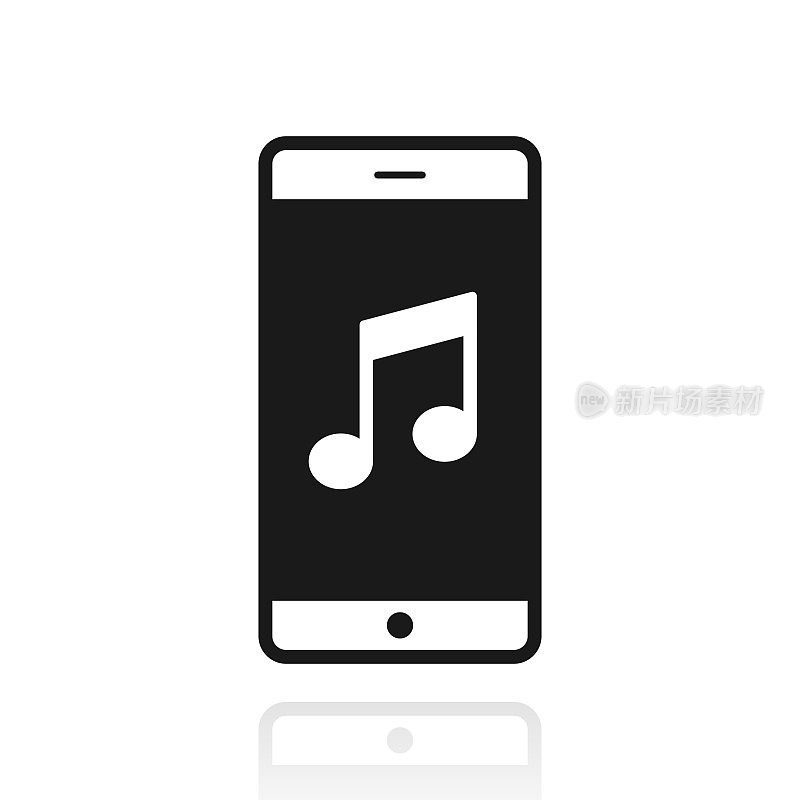 智能手机上的音乐。白色背景上反射的图标