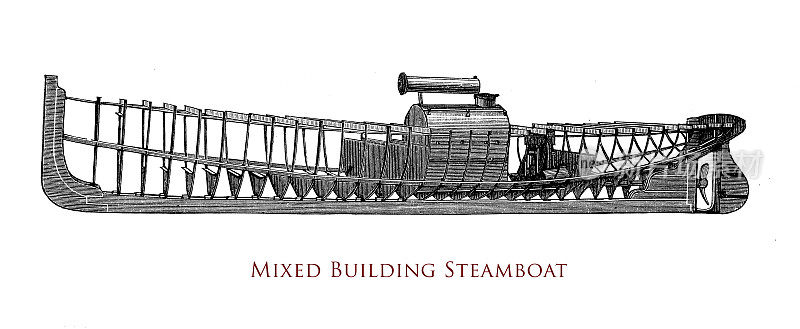 一种锅炉、龙骨结构、舵、螺旋桨混合建筑汽船的设计