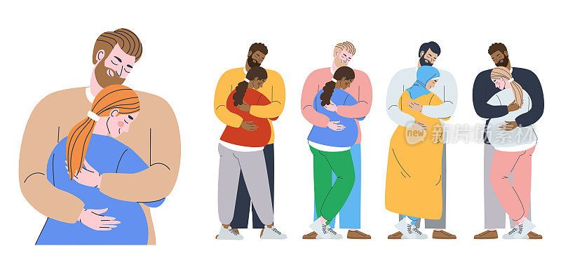 男子拥抱孕妇。妻子在丈夫的怀抱里望着怀孕已久的背影。一对来自不同国家的夫妇期待一个孩子的概念。平面向量插图