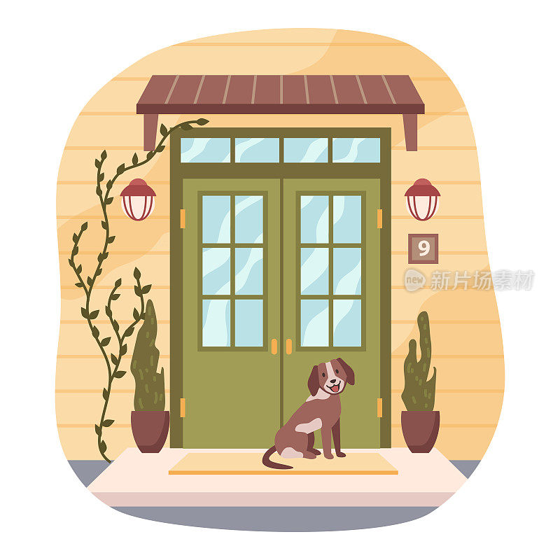 房子的入口门，带有室内植物的独立门廊，家里和小狗坐在垫子上的数量。建筑外观和公寓的正面视图。平面形式的矢量