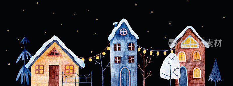 斯堪的纳维亚的圣诞夜街道明信片，冬天插画。