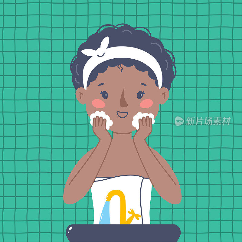 非裔美国女孩在浴室里洗脸。皮肤护理