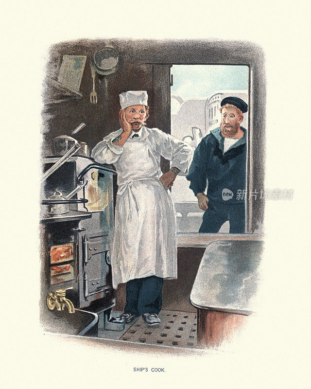 英国皇家海军厨师在一艘军舰的厨房,维多利亚军事历史,19世纪,1890年代