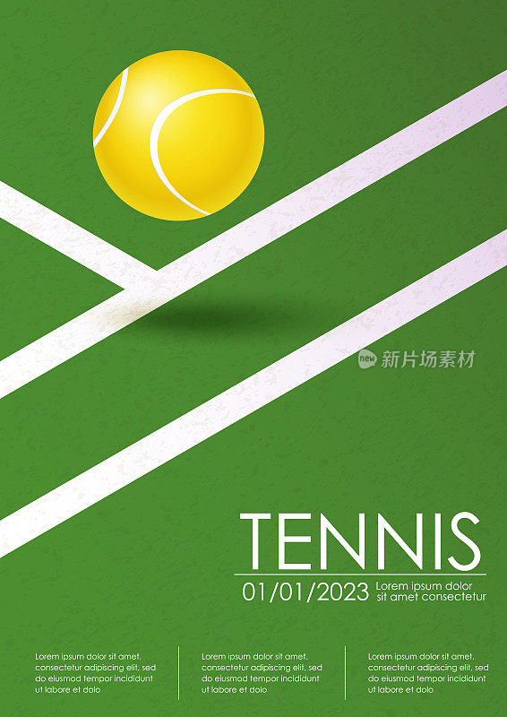 网球锦标赛或锦标赛海报。垂直模板为体育比赛，网球锦标赛。红土球场和球。球在线上。运动器材。现代插图卡片，封面