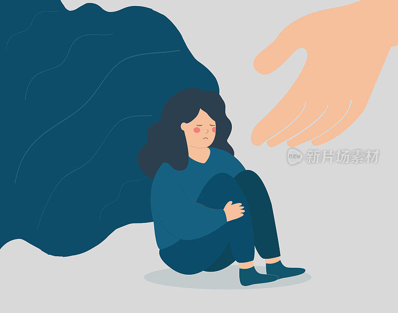 一只手可以帮助女人摆脱压力和抑郁。悲伤的女孩由于心理问题需要支持和关心。心理健康障碍概念