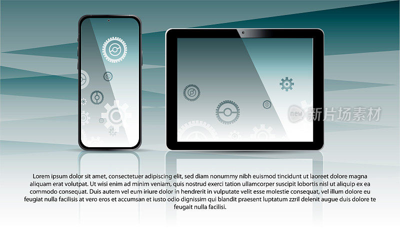 现实风格的无线技术。图形平板电脑和手机上的彩色抽象背景与文字空间。