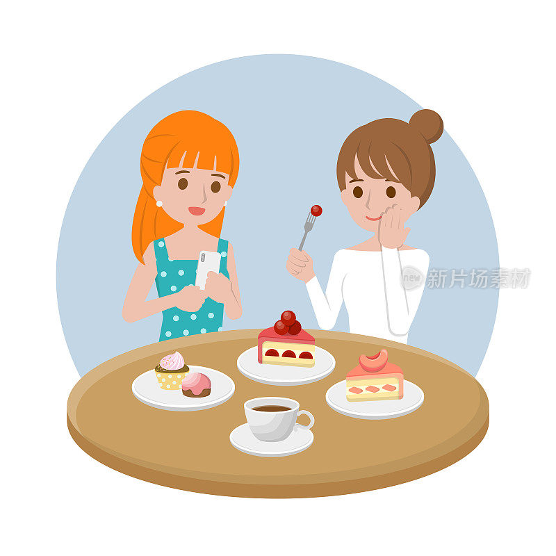 漂亮的女性朋友或姐妹聊天，喝下午茶，有蛋糕和咖啡，矢量卡通人物插画