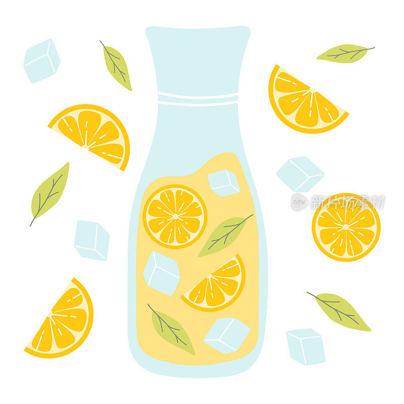 水罐加柠檬水。加柠檬、薄荷和冰块的柠檬水。