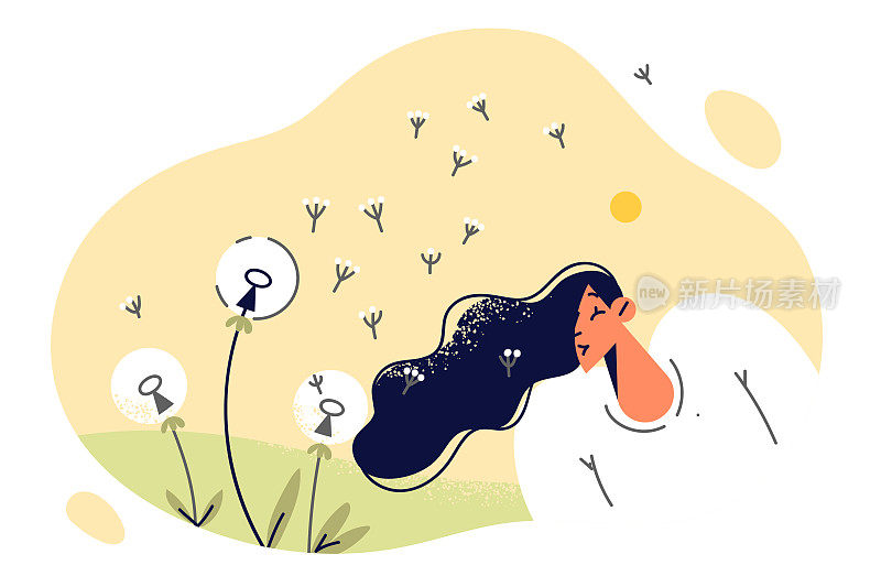 少女走在春天的草地上吹蒲公英享受新鲜的空气和温暖的天气