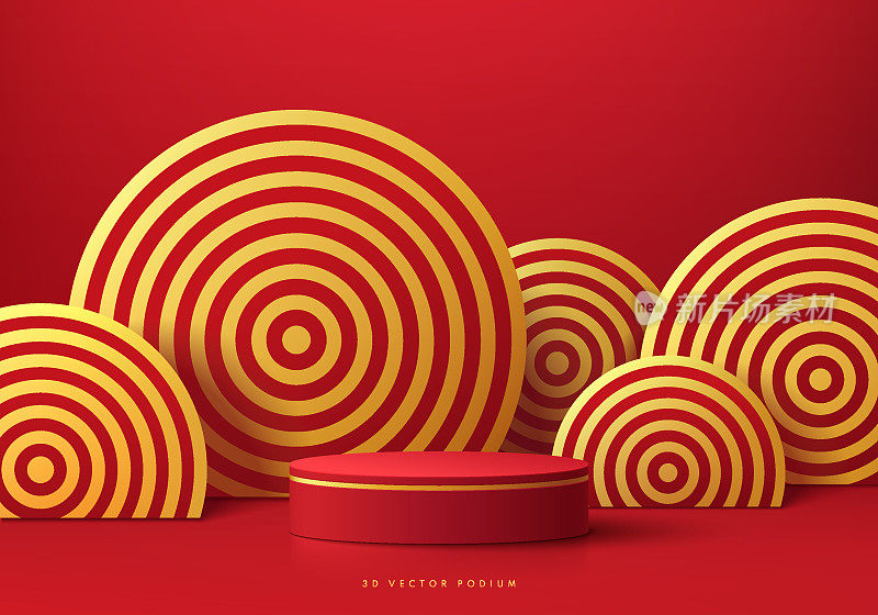 红色、金色三维柱体基座基座背景与圆形圆形场景重叠。春节小墙场景模型产品舞台展示，促销展示。抽象的几何图形。