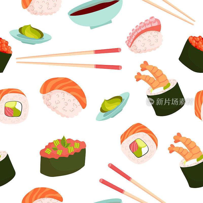 无缝模式设置寿司。不同种类的寿司和面包卷。传统的日本卷，配tobiko鱼子酱，原汁原味的费城奶酪和酱油，三文鱼和大虾。矢量图