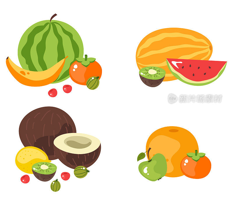 切成片，整个和一半的水果单独放置。矢量平面卡通平面设计插图