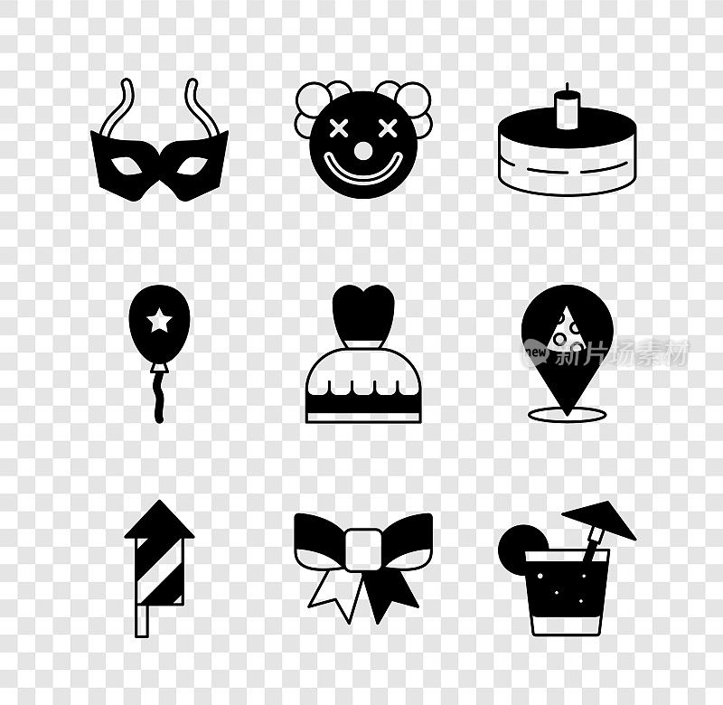集节日面具，小丑头，蛋糕与燃烧的蜡烛，烟花火箭，礼品蝴蝶结，鸡尾酒，气球丝带和女子礼服图标。向量