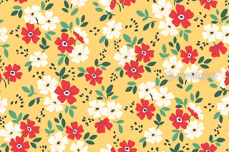无缝花卉图案，相当愚蠢的设计与小花，叶子在浅黄色的背景。矢量插图。
