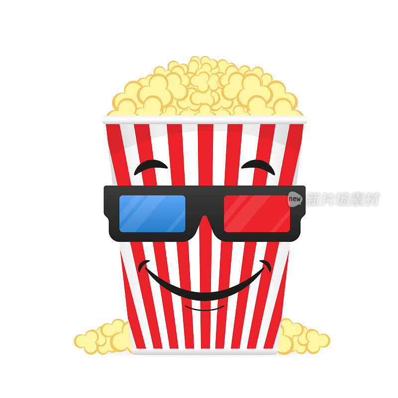 3d逼真的爆米花桶容器与眼镜看电影的塑料卡通风格。平面风格的电影院设计。微笑。电影的时间。电影海报。矢量图