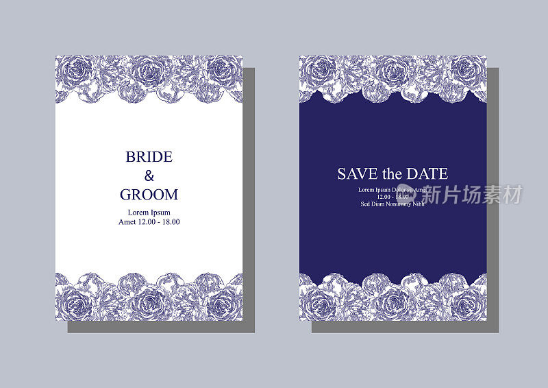 蓝色的牡丹。花卉婚礼请柬，明信片，横幅和背景设计模板。矢量插图。