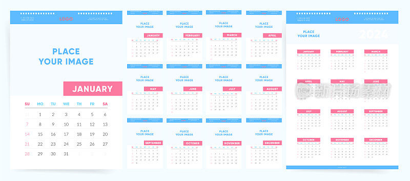垂直A4桌月历为2024年。业务日历模板在蓝色。这一周从周日开始。
