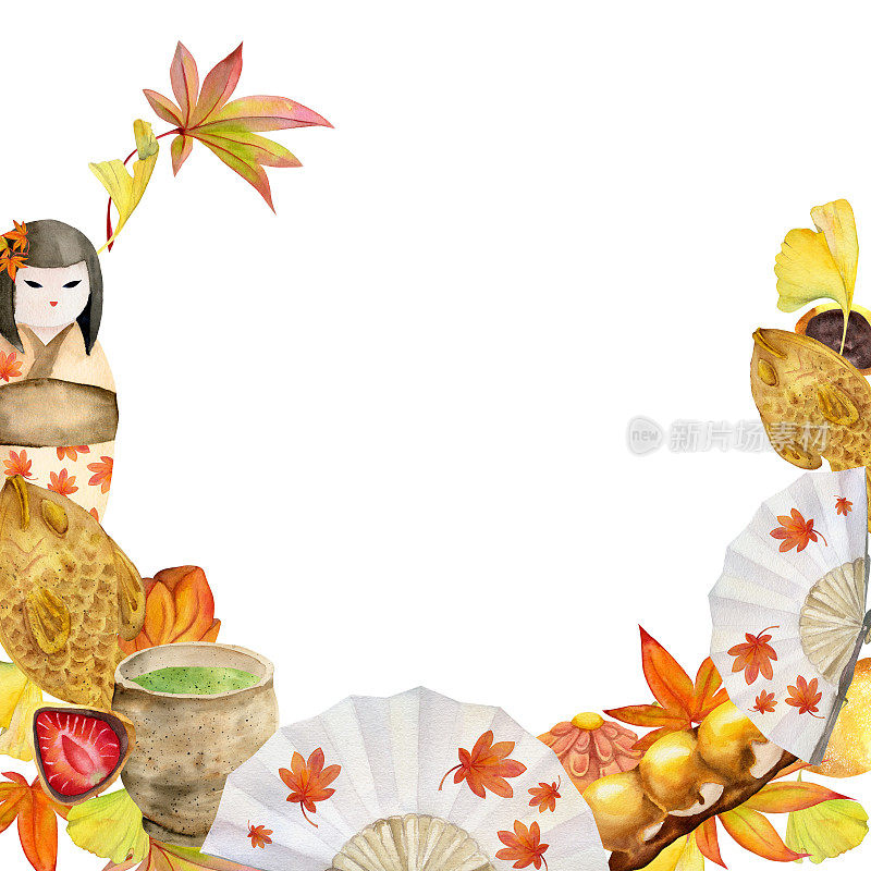 手绘水彩画的日本传统糖果。花环用秋天的叶子、物组成。孤立在白色背景上。设计邀请，餐厅菜单，贺卡，印刷，纺织品
