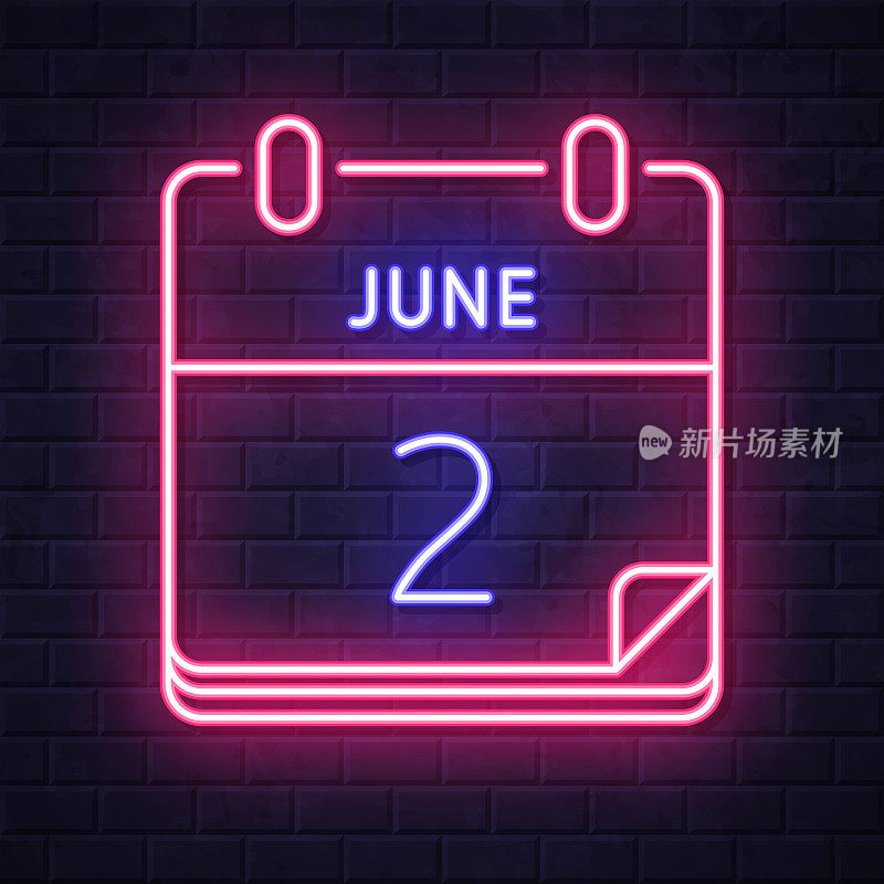 6月2日。在砖墙背景上发光的霓虹灯图标