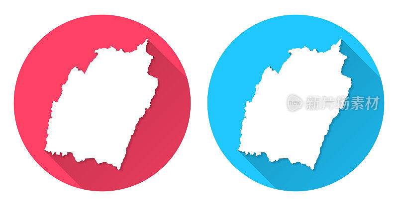 曼尼普尔地图。圆形图标与长阴影在红色或蓝色的背景