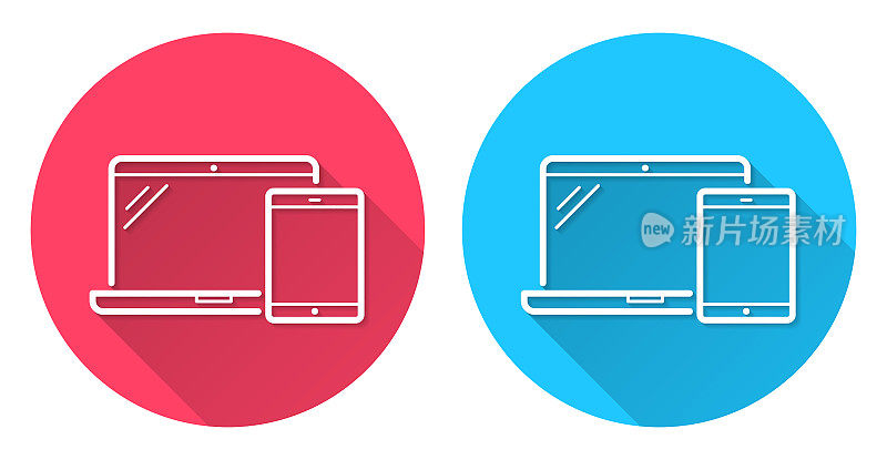 笔记本电脑和平板电脑。圆形图标与长阴影在红色或蓝色的背景