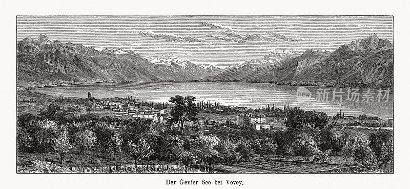 韦威，日内瓦湖在瑞士，木版雕刻，出版于1894年