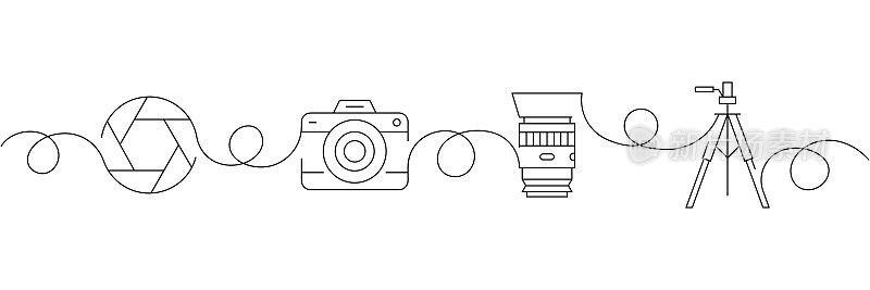 连续单线绘画摄影图标的概念。单线矢量插图。相机，镜头，三脚架，快门。